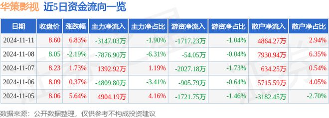华策影视(300133)11月11日主力资金净卖出314703万元