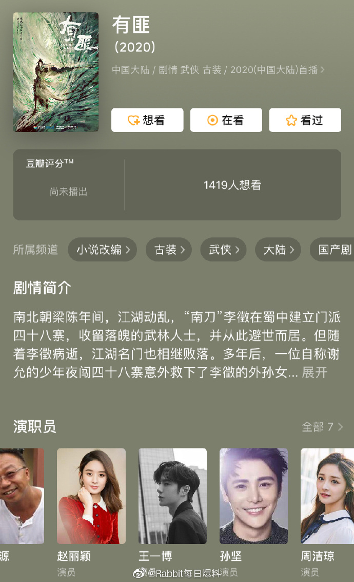 1.jpg 《有匪》即将开机 豆瓣资料显示赵丽颖王一博担(图1)